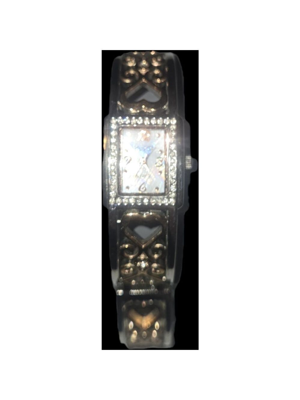 Studio Time Two-Tone Silver and Gold Hearts Rhinestone Cuff Bangle Watch